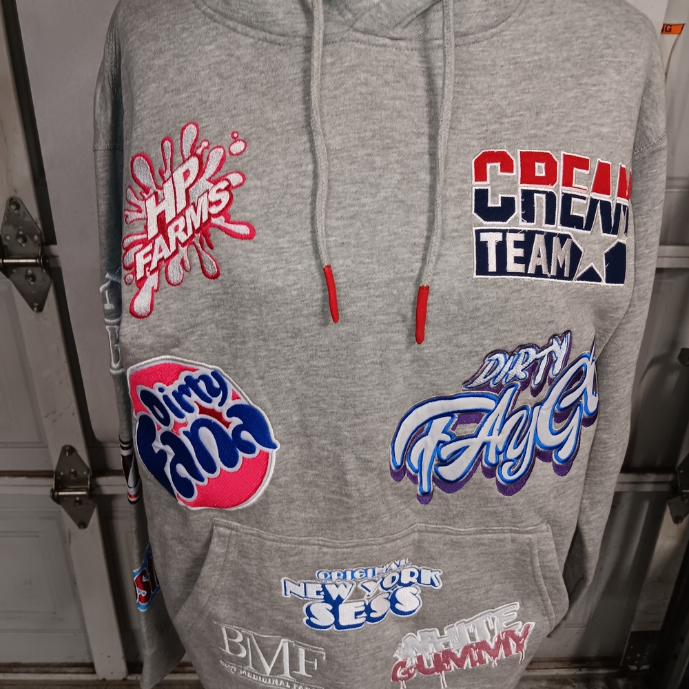 HP Farms Gray Graphic Hoodie with Colorful Patches